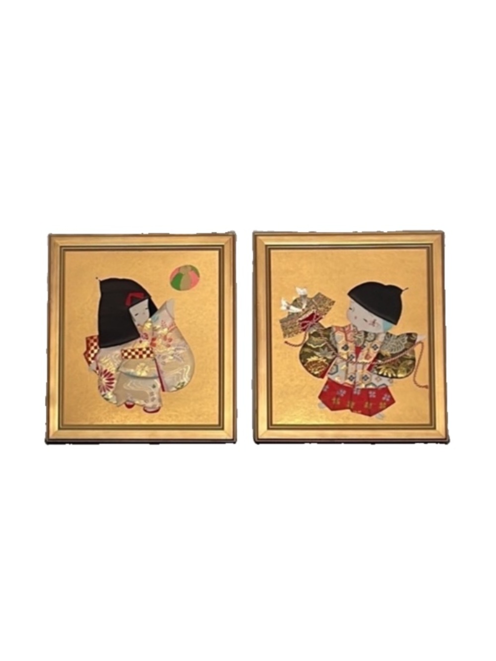 Vintage Japanese Oshie Kurumie 3D Padded Silk Art Framed Set of 2